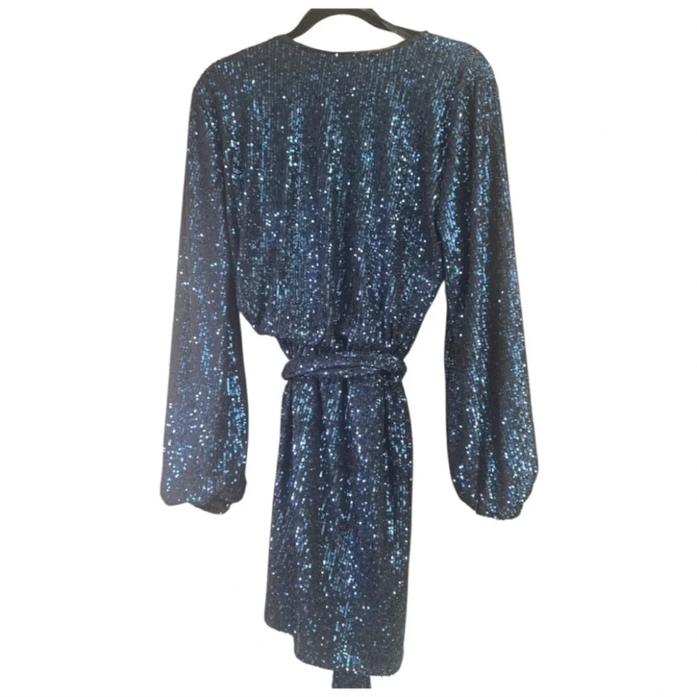 White House Black Market Elegant Blue Sequin Wrap Dress, Size L - Picture 3 of 3